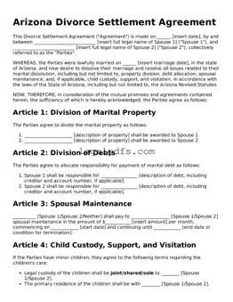 Printable Arizona Divorce Settlement Agreement Form