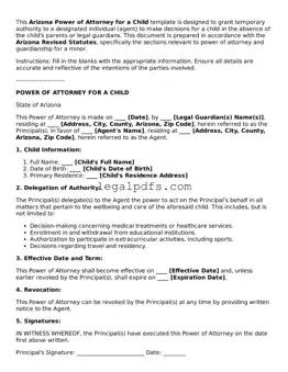 Printable Arizona Power of Attorney for a Child Form