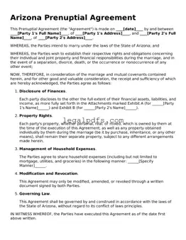 Printable Arizona Prenuptial Agreement Form