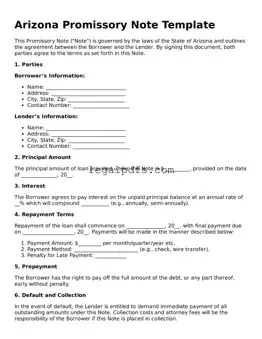 Printable Arizona Promissory Note Form