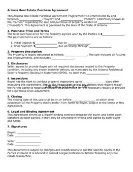 Printable Arizona Real Estate Purchase Agreement Form