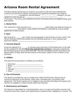 Printable Arizona Room Rental Agreement Form