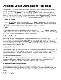 Printable Arizona Lease Agreement Form