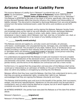 Printable Arizona Release of Liability Form
