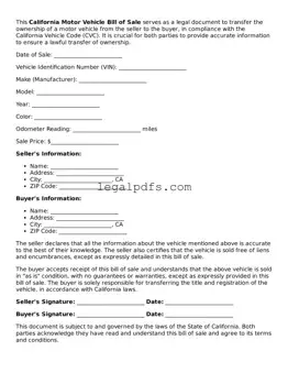 Printable California Motor Vehicle Bill of Sale Form