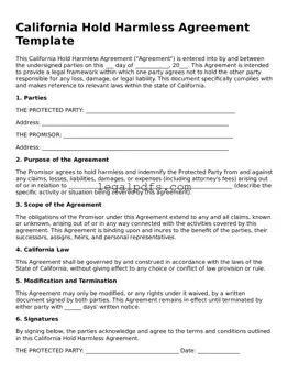 Printable California Hold Harmless Agreement Form
