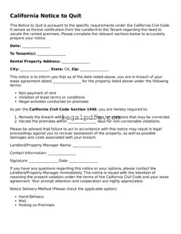 Printable California Notice to Quit Form