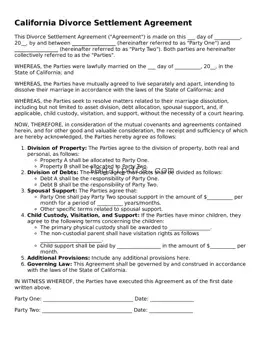 Printable California Divorce Settlement Agreement Form