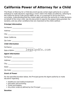 Printable California Power of Attorney for a Child Form