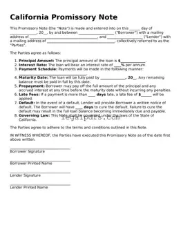 Printable California Promissory Note Form