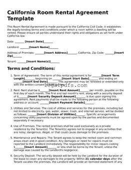 Printable California Room Rental Agreement Form