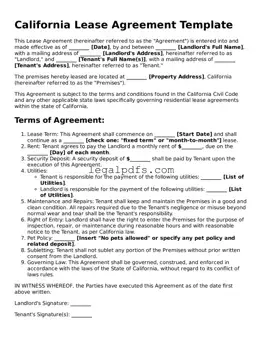 Printable California Lease Agreement Form