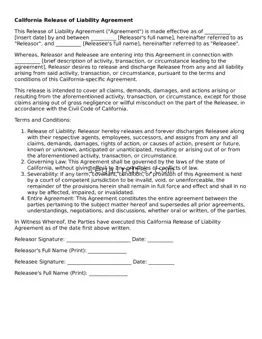 Printable California Release of Liability Form