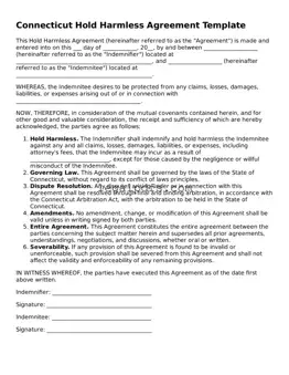 Printable Connecticut Hold Harmless Agreement Form