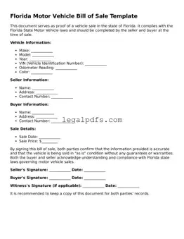 Printable Florida Motor Vehicle Bill of Sale Form