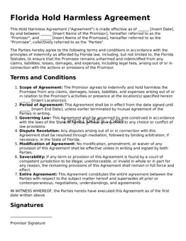 Printable Florida Hold Harmless Agreement Form