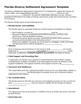 Printable Florida Divorce Settlement Agreement Form