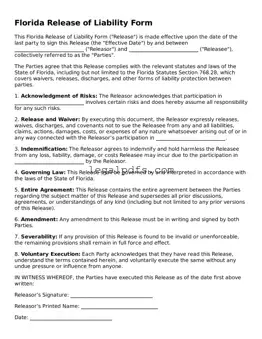 Printable Florida Release of Liability Form