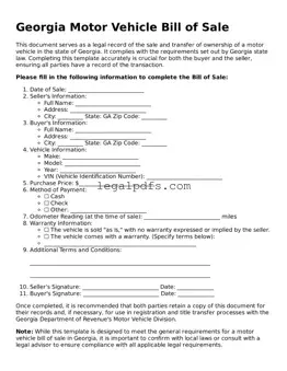 Printable Georgia Motor Vehicle Bill of Sale Form