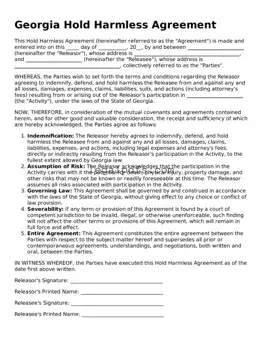 Printable Georgia Hold Harmless Agreement Form