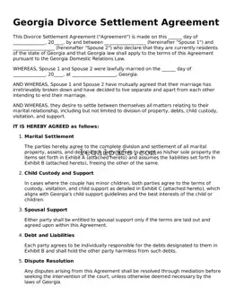 Printable Georgia Divorce Settlement Agreement Form