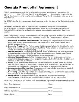Printable Georgia Prenuptial Agreement Form