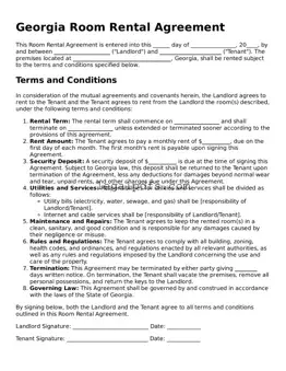 Printable Georgia Room Rental Agreement Form