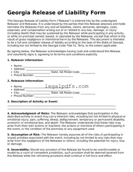 Printable Georgia Release of Liability Form