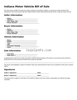 Printable Indiana Motor Vehicle Bill of Sale Form