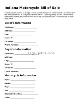 Printable Indiana Motorcycle Bill of Sale Form