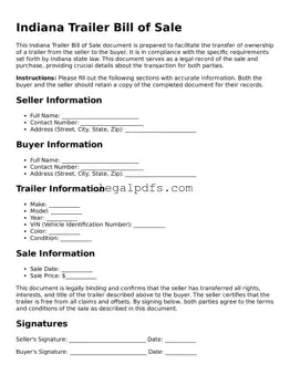 Printable Indiana Trailer Bill of Sale Form