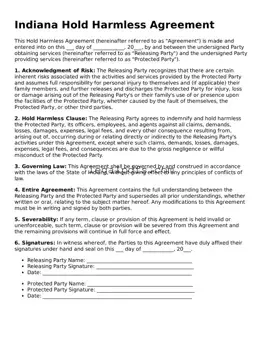Printable Indiana Hold Harmless Agreement Form