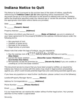 Printable Indiana Notice to Quit Form