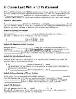 Printable Indiana Last Will and Testament Form