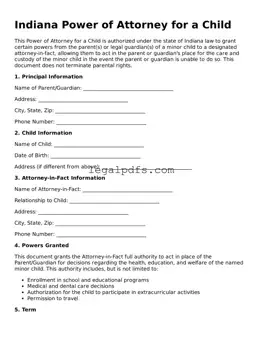 Printable Indiana Power of Attorney for a Child Form