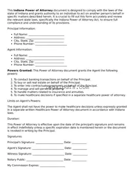 Printable Indiana Power of Attorney Form