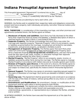 Printable Indiana Prenuptial Agreement Form