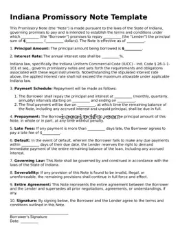 Printable Indiana Promissory Note Form