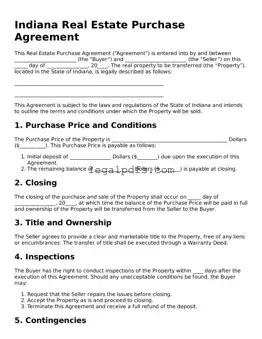 Printable Indiana Real Estate Purchase Agreement Form