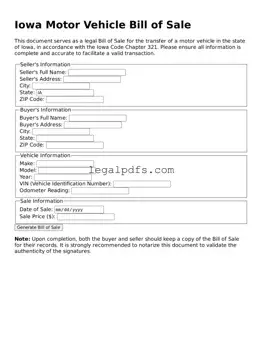 Printable Iowa Motor Vehicle Bill of Sale Form