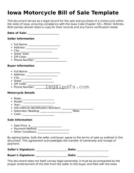 Printable Iowa Motorcycle Bill of Sale Form