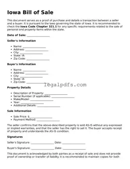 Printable Iowa Bill of Sale Form