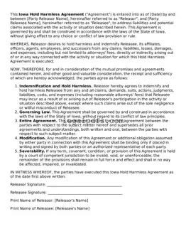 Printable Iowa Hold Harmless Agreement Form
