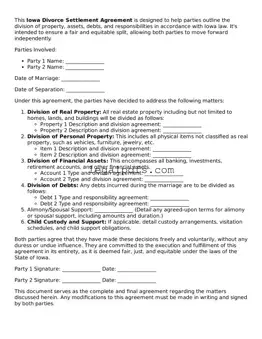 Printable Iowa Divorce Settlement Agreement Form