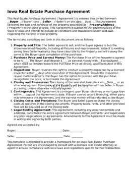 Printable Iowa Real Estate Purchase Agreement Form