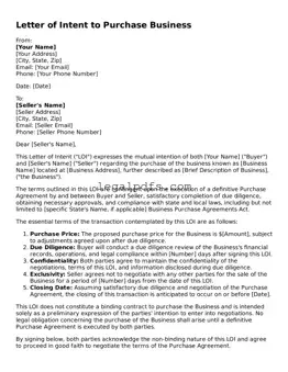 Attorney-Approved Letter of Intent to Purchase Business Template