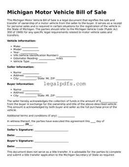 Printable Michigan Motor Vehicle Bill of Sale Form