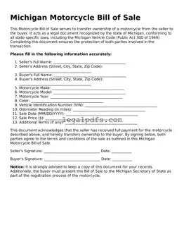 Printable Michigan Motorcycle Bill of Sale Form