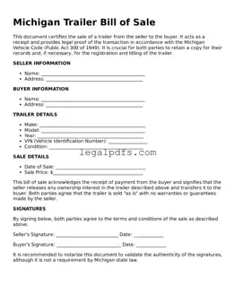 Printable Michigan Trailer Bill of Sale Form