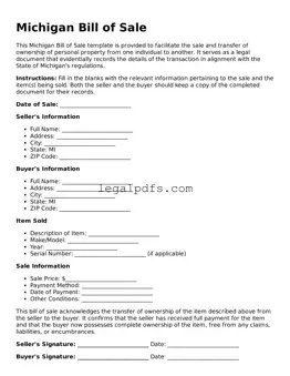 Printable Michigan Bill of Sale Form